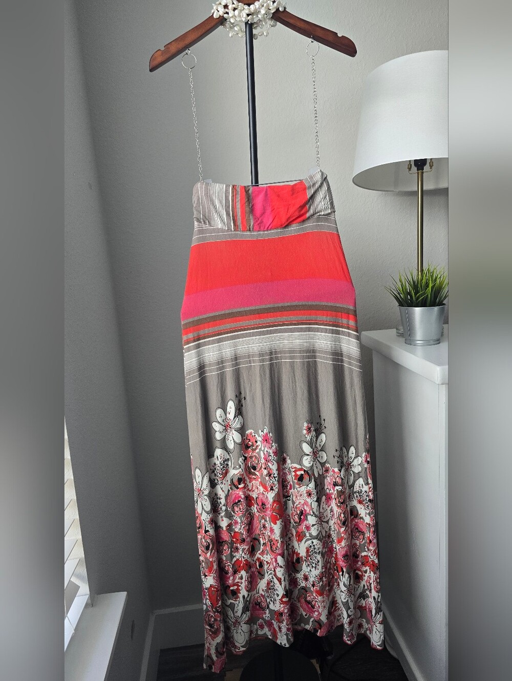 Cergatti Floral Stripe Maxi Dress Size M Viscose Chain Strap Y2K Boho